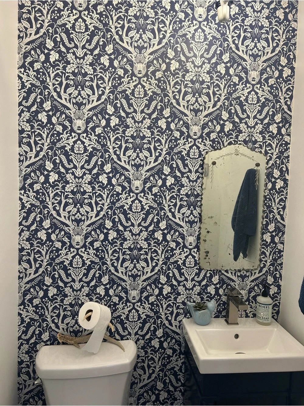 Chesapeake Kiwassa Antler Damask Wallpaper.  Navy and white.